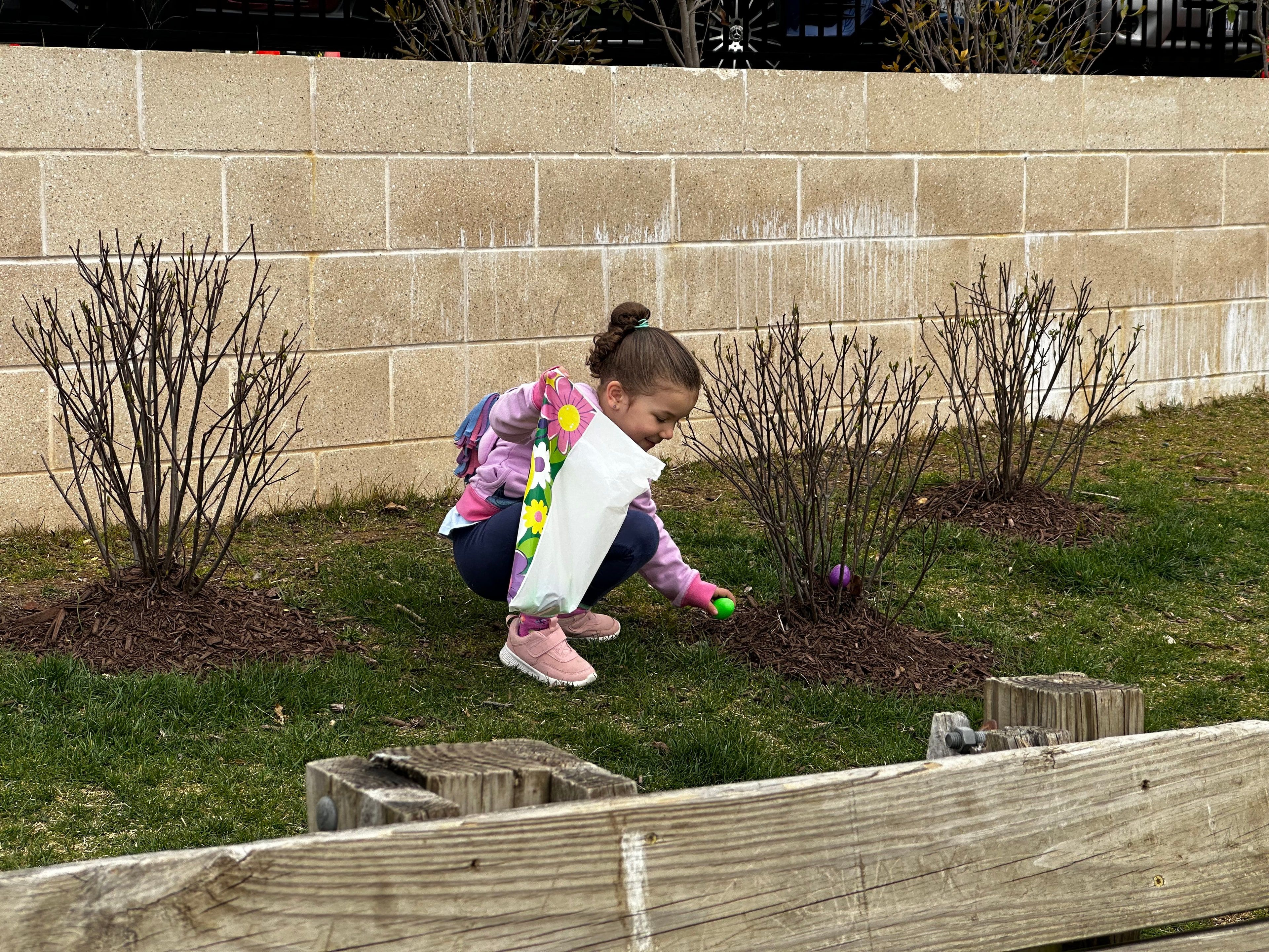 A child crouches to pick up an egg at a church Easter egg hunt.
